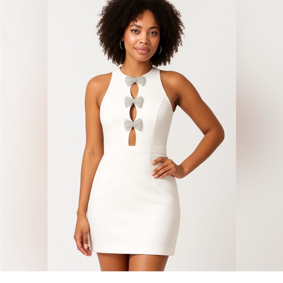 Liv Foster Dresses & Skirts - Liv Foster White silver Mini Dress Crystal Bows Cutouts size 4 nwt bridal/party